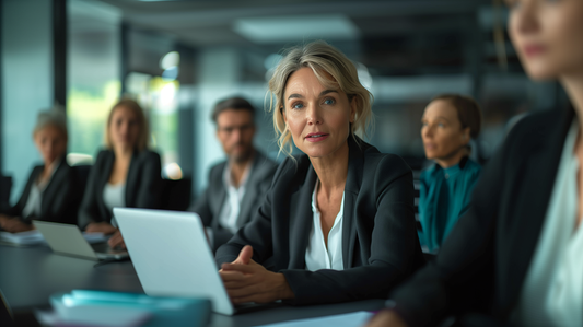 Female presenting in a conference room with an open laptop in front of her