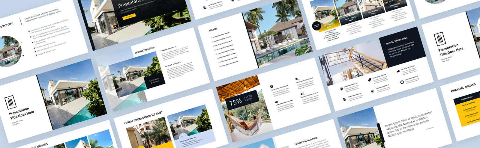 A grid of design presentation slides