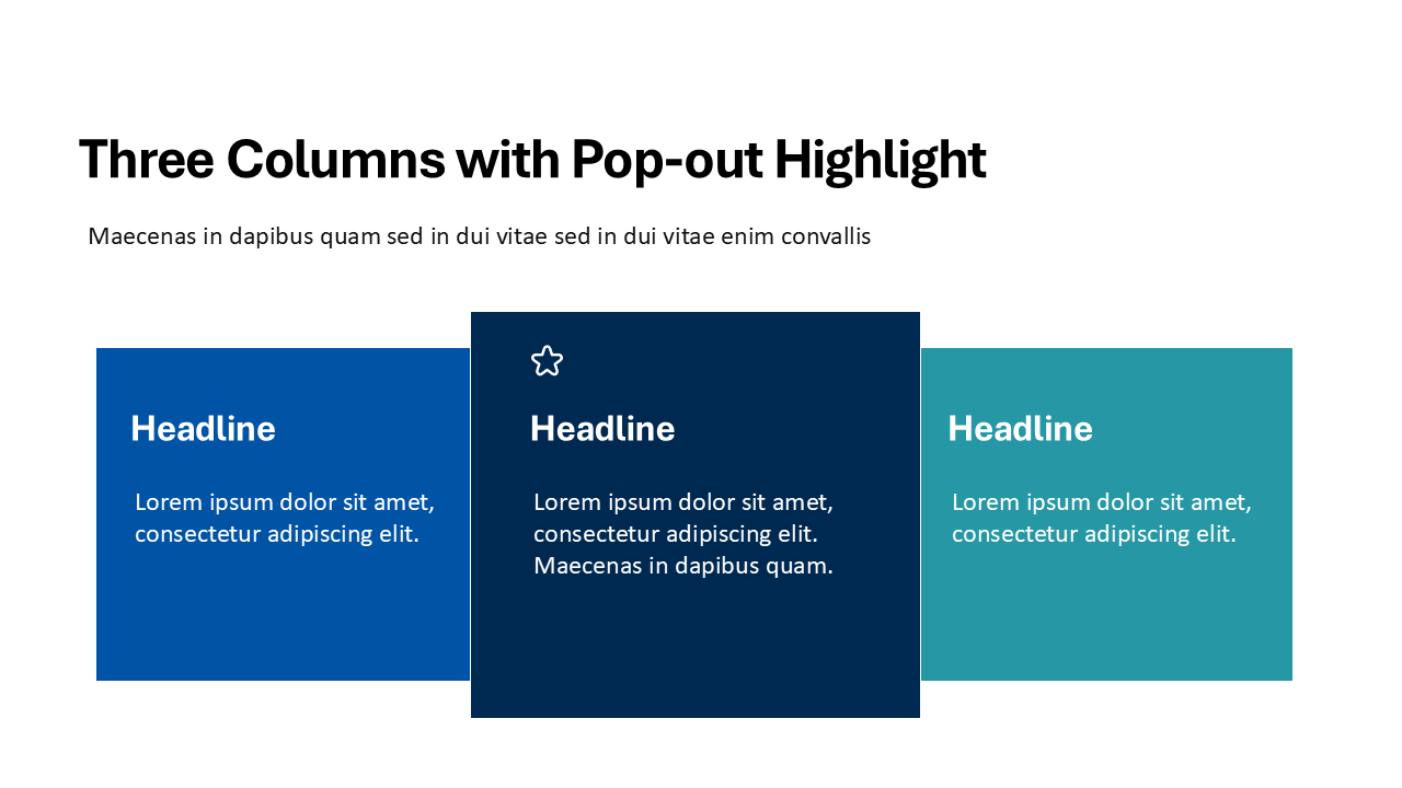 Three-column layout with a pop-out highlight effect on a white background