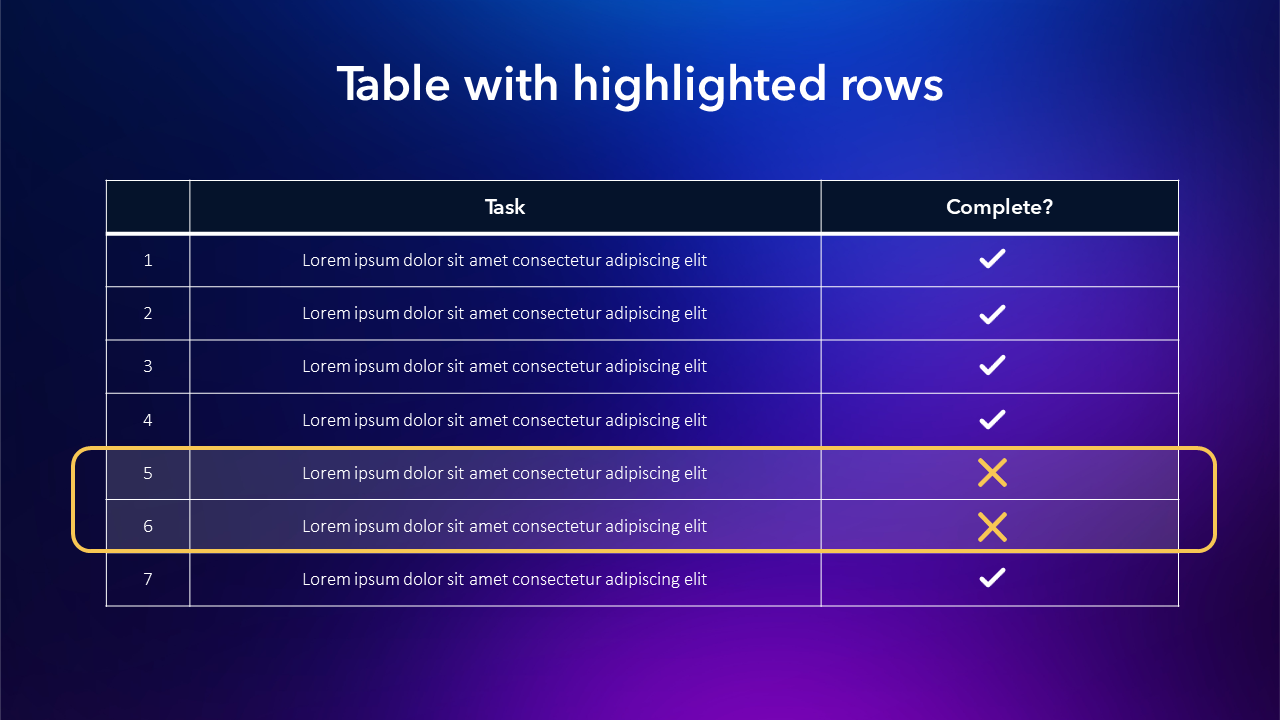 Table template on a dark background for PPT and Google Slides