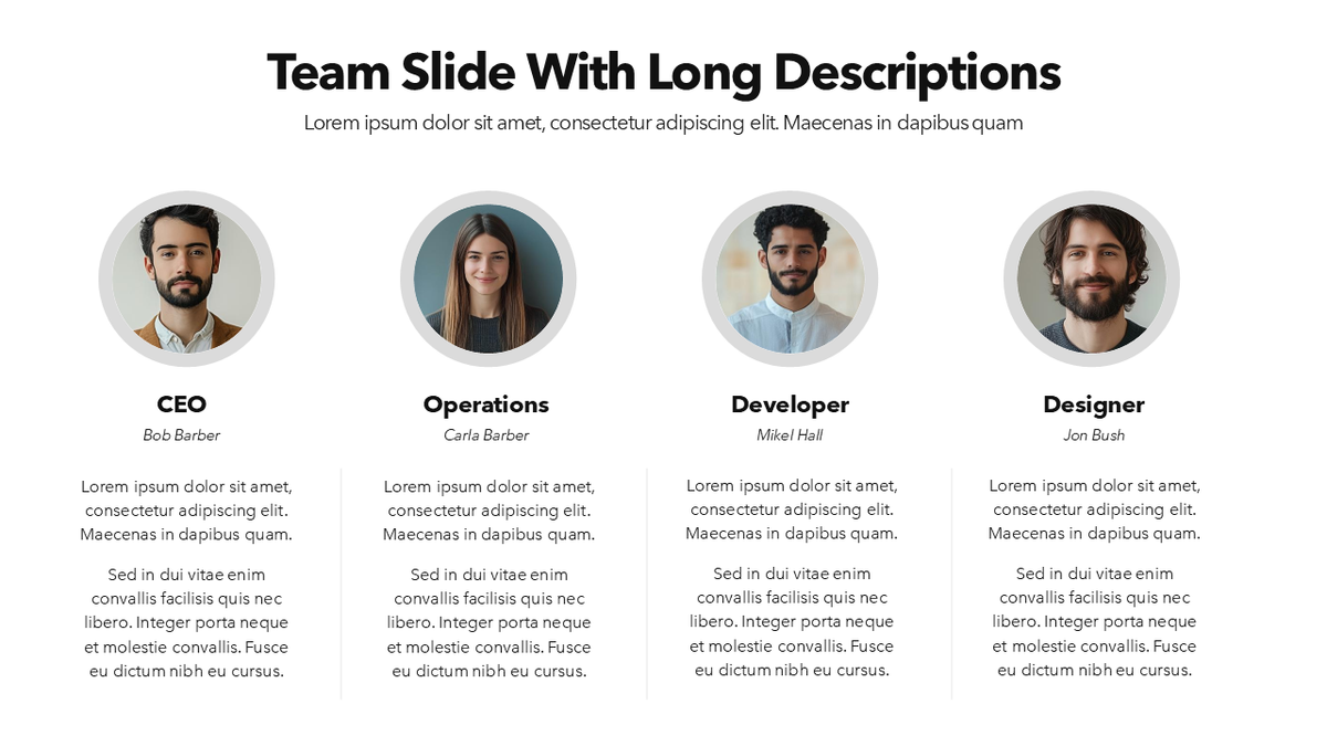Long Ridge Presentation Design Team Slide with Long Descriptions