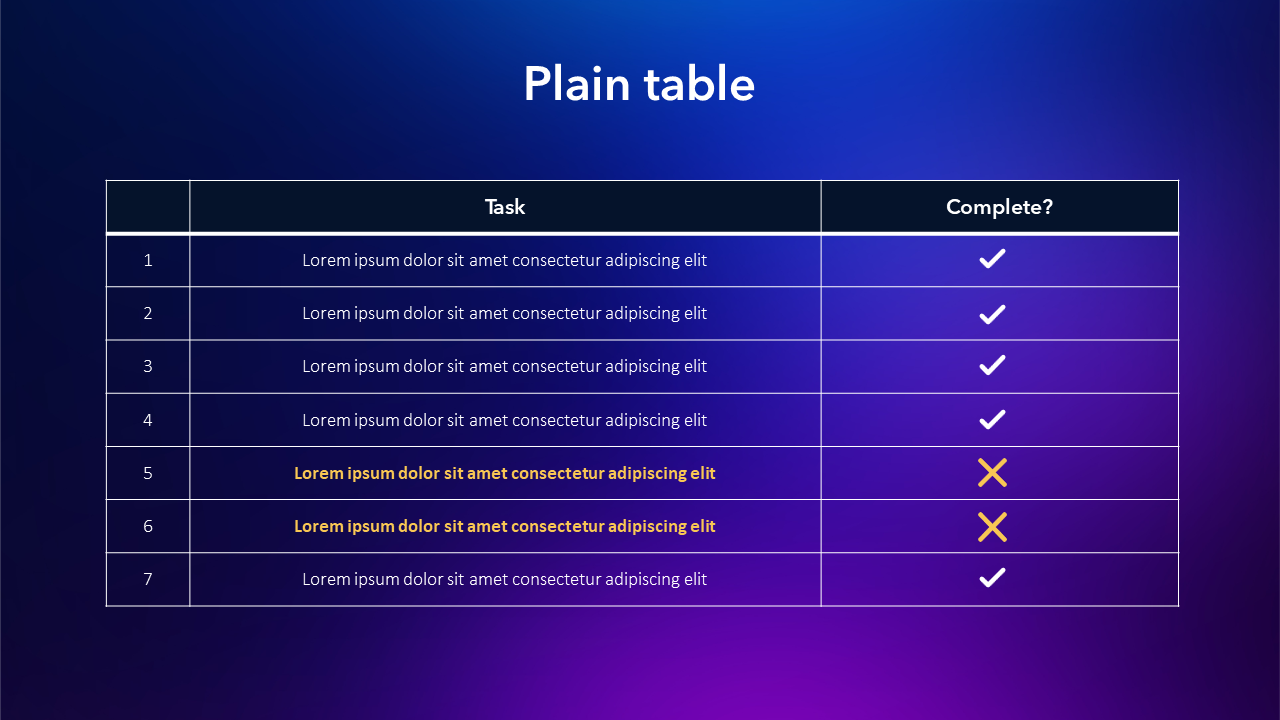 Table template on a dark background for PPT and Google Slides